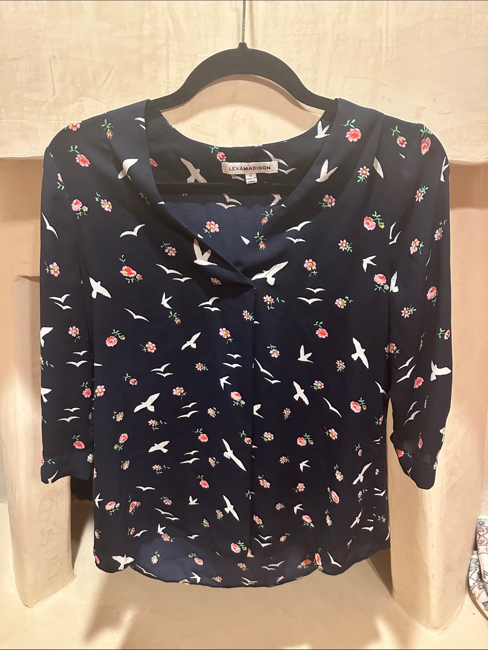 Madison Navy Blouse with White Bird & Pink Floral Print